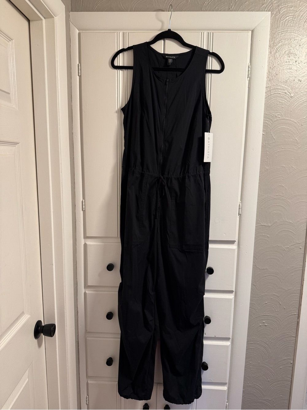 Athleta Black Sleeveless Drawstring-Waist Zip Jumpsuit